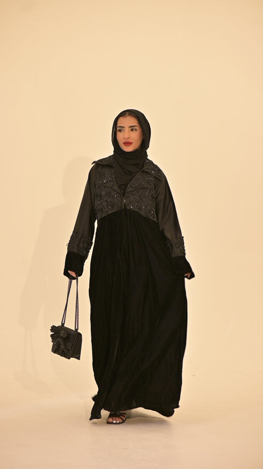 Black velvet and satin embroidered abaya
