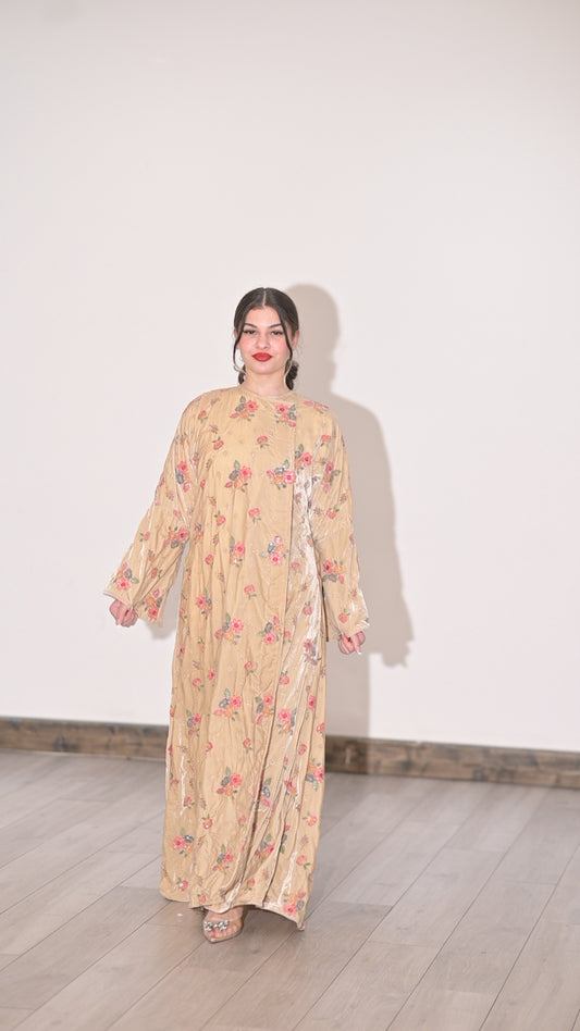 Beige velvet embroidered Abaya