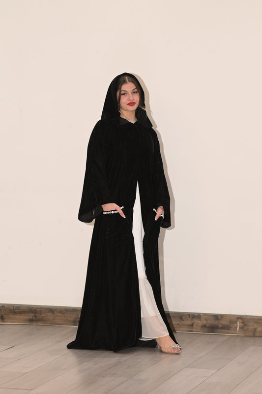 Black velvet hooded Abaya with pockets and Swarovski stones