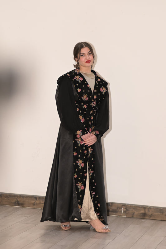 Two pieces abaya  silk dress with Satin and black velvet colourful embroidered fabric