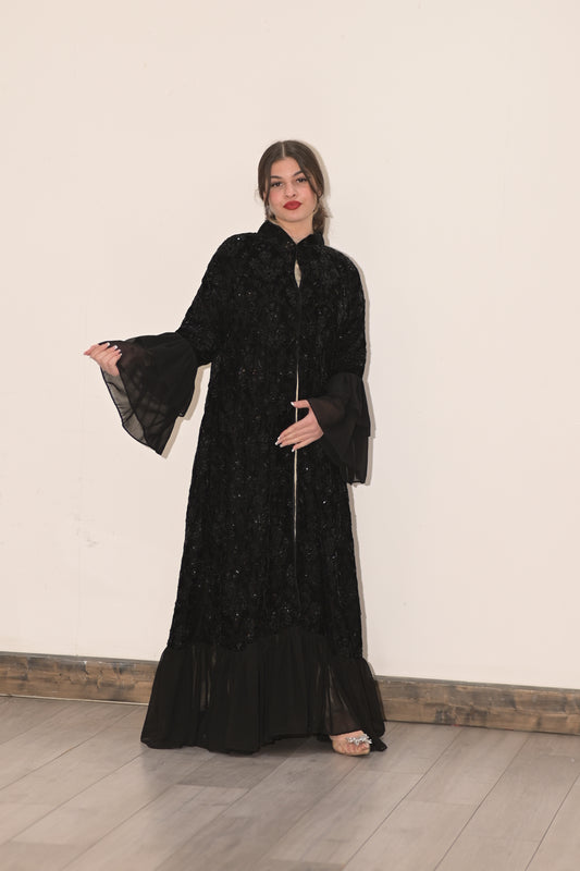 Royal black velvet embroidered abaya