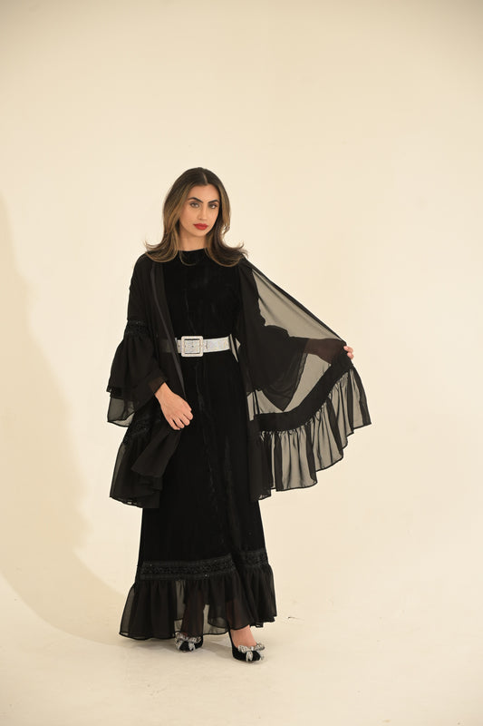 2 Pieces Black velvet and chiffon Abaya