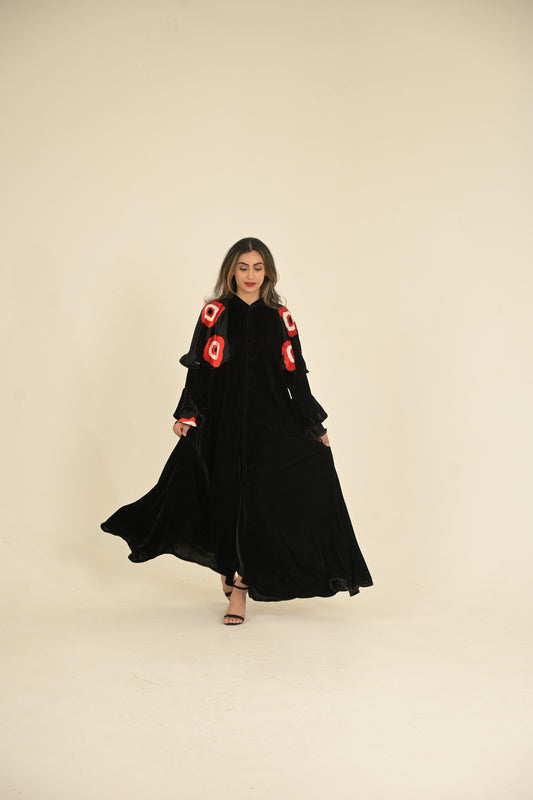 Black velvet Abaya with Yemeni traditional fabric