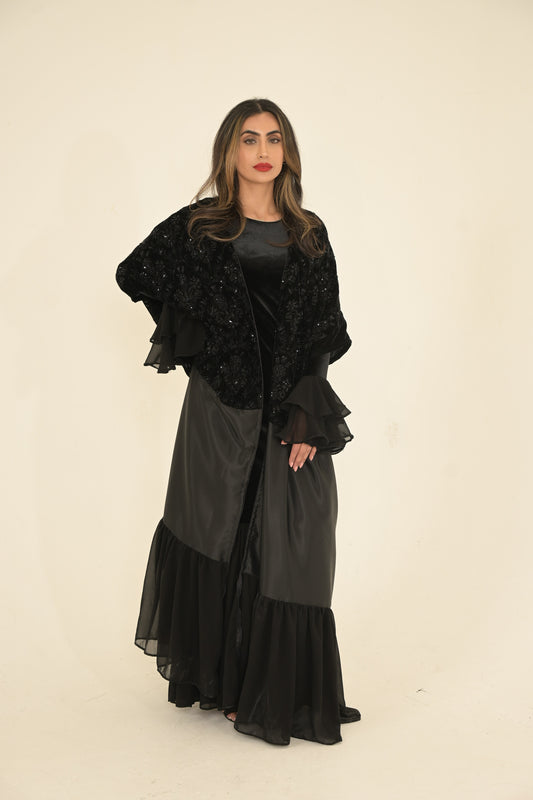 ( Princess Mary ) 2 pieces Abaya inside dress velvet and chiffon + main abaya Black velvet embroidered fabric, stain and chiffon
