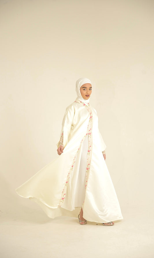 white satin abaya with floral organza