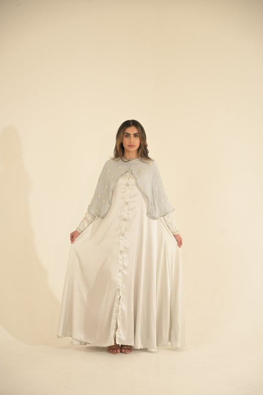 Silk and embroidered chiffon cape abaya