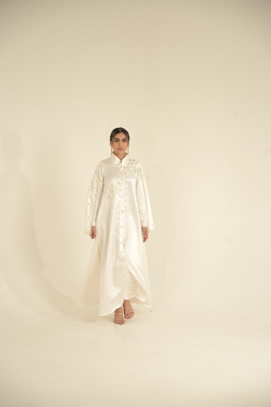 bridal White silk and 3-D embroidered Caped abaya