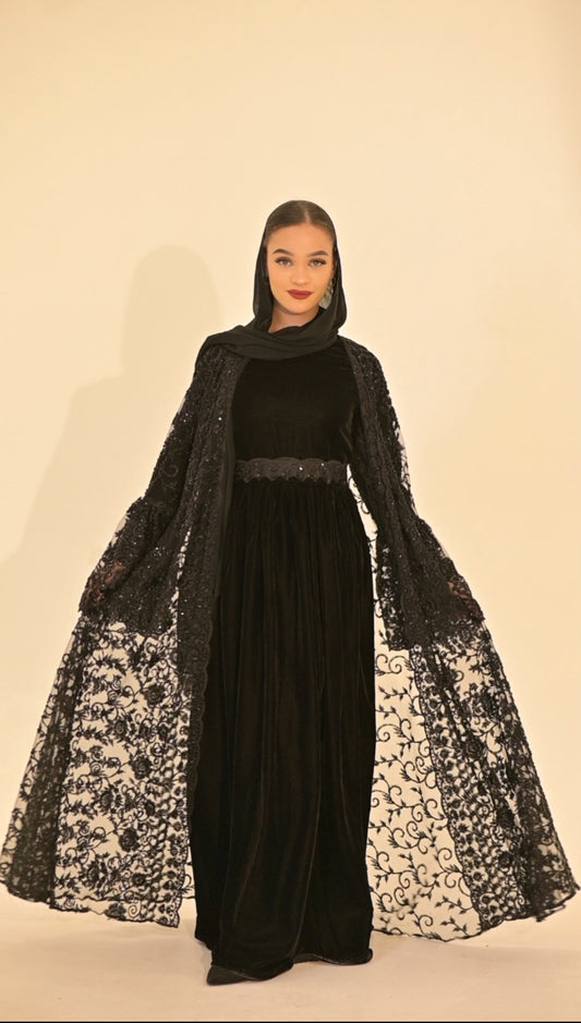 ( Rehanna Yasmin ) 2 pieces bridal Abaya velvet dress and black net embroidered Abaya