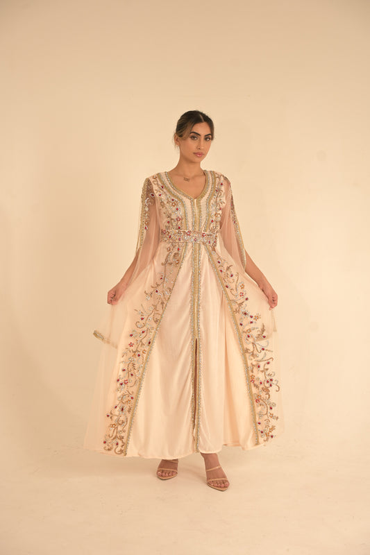 Peach colour kaftan with gold lace and heavy embroidered Swarovski stones