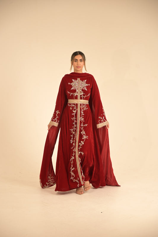 Red velvet kaftan with elegant scarf embroidered with Swarovski stones