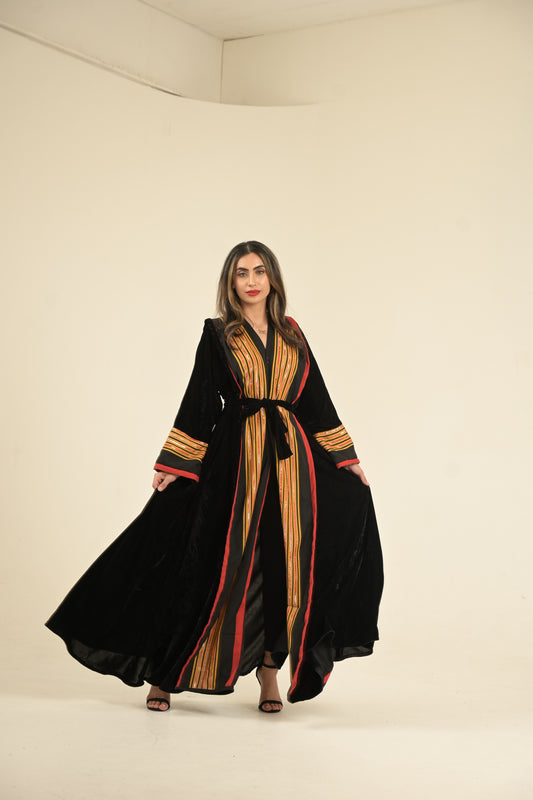 Yemeni traditional fabric with black velvet hooded abaya