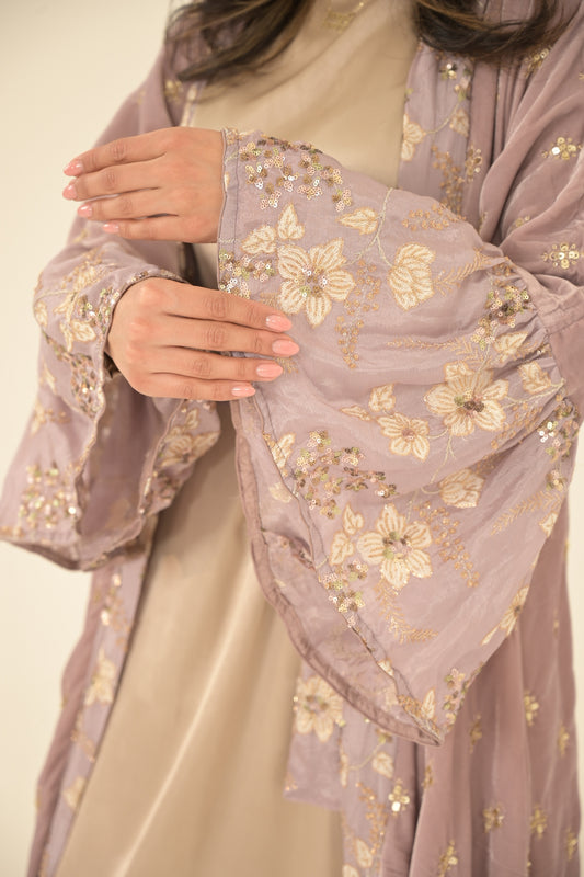 Lilac Velvet Embroidered Abaya With Silk Dress