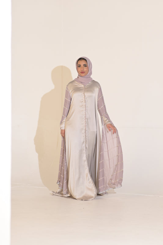 Long sleeves silk and chiffon embroidered abaya